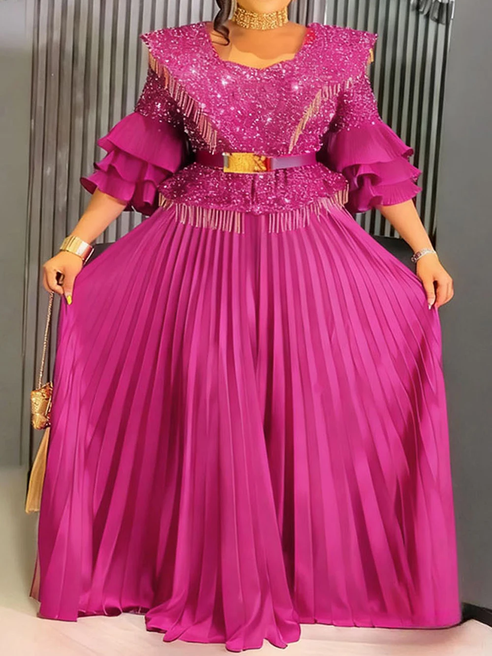 Ruffle Sleeve Dresses For Women Luxury Sequin Pleated Long Dress Wedding Party Evening Gown Birthday Elegant Ladies Clothing