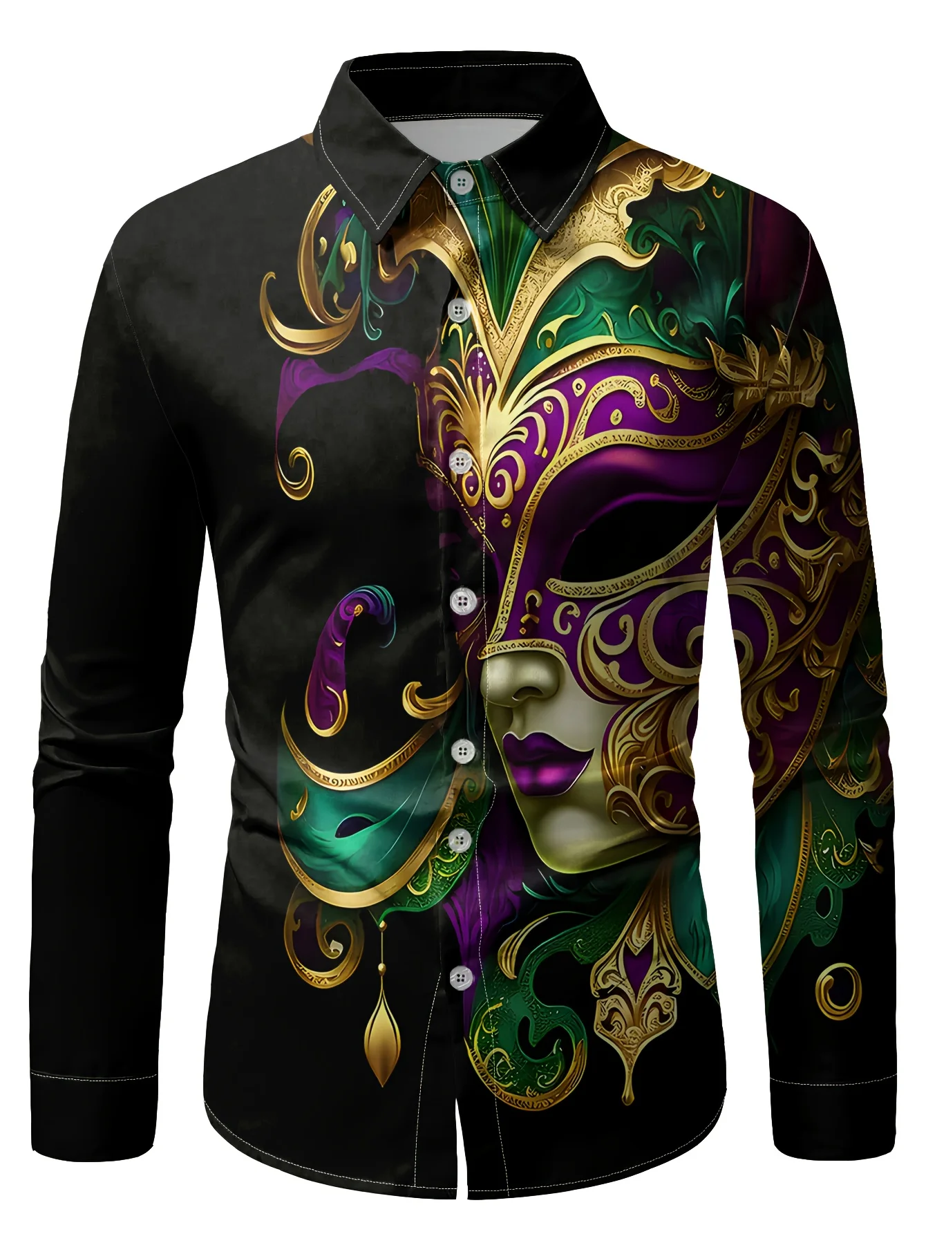 Men Long Sleeve Button Down Shirt Black Venetian Carnival Mask Print Polyester Lapel Collar Masquerade Party