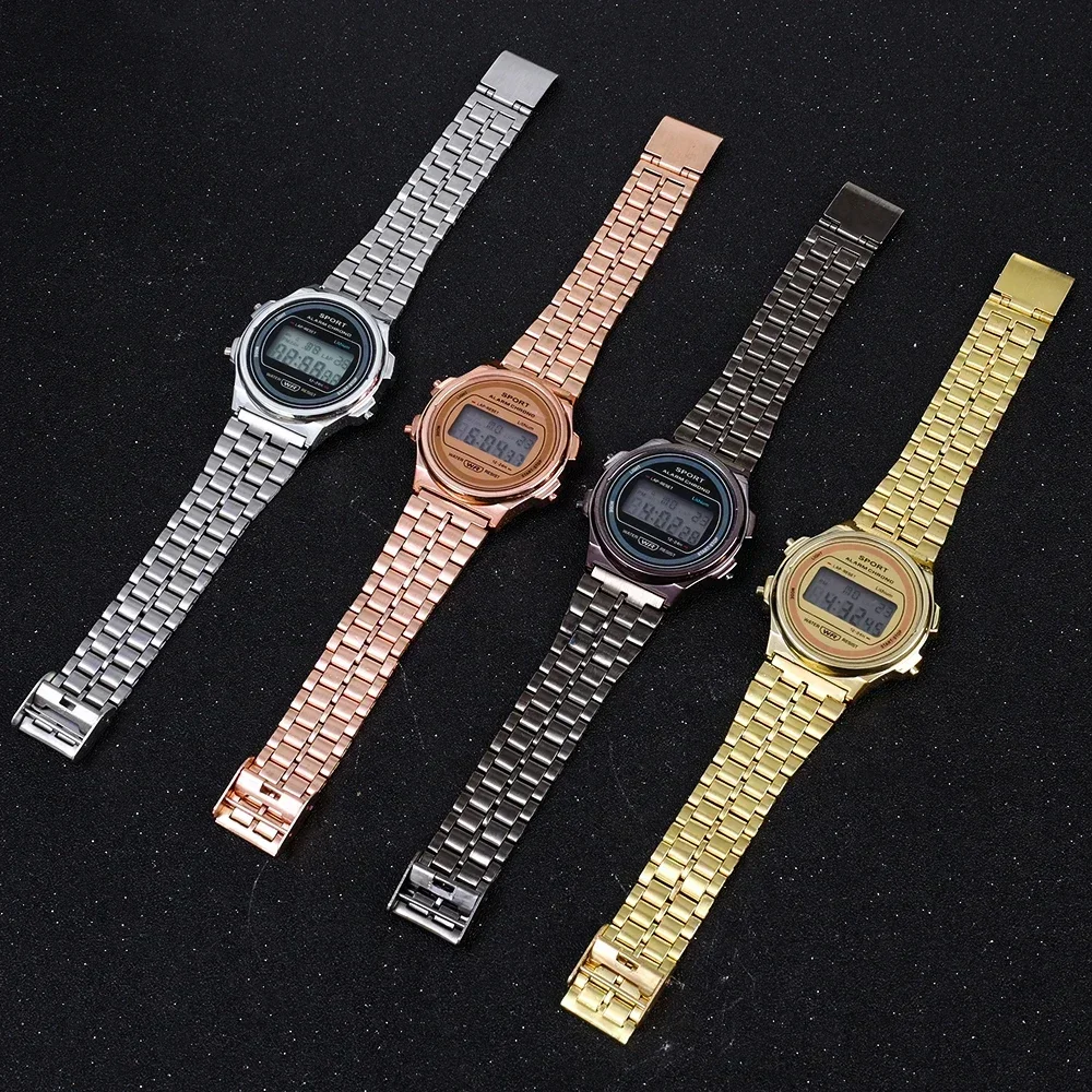 LED Electronic Watch Waterproof Sports Watch Men\'s Fashion Round Steel Belt Women Watch Vintage Steel Strip Lovers Wristwatch