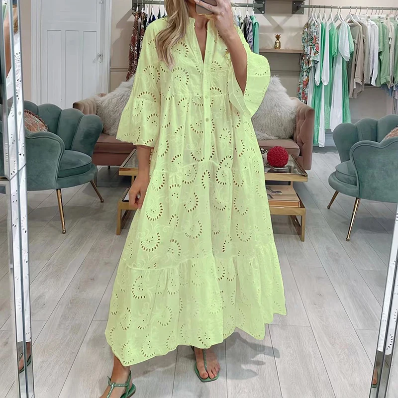 

2023 Loose Solid Women Party Dress French Lace Hollow Beautiful A-lien Hem Dress Elegant Female Flare Sleeve V-neck Long Dress