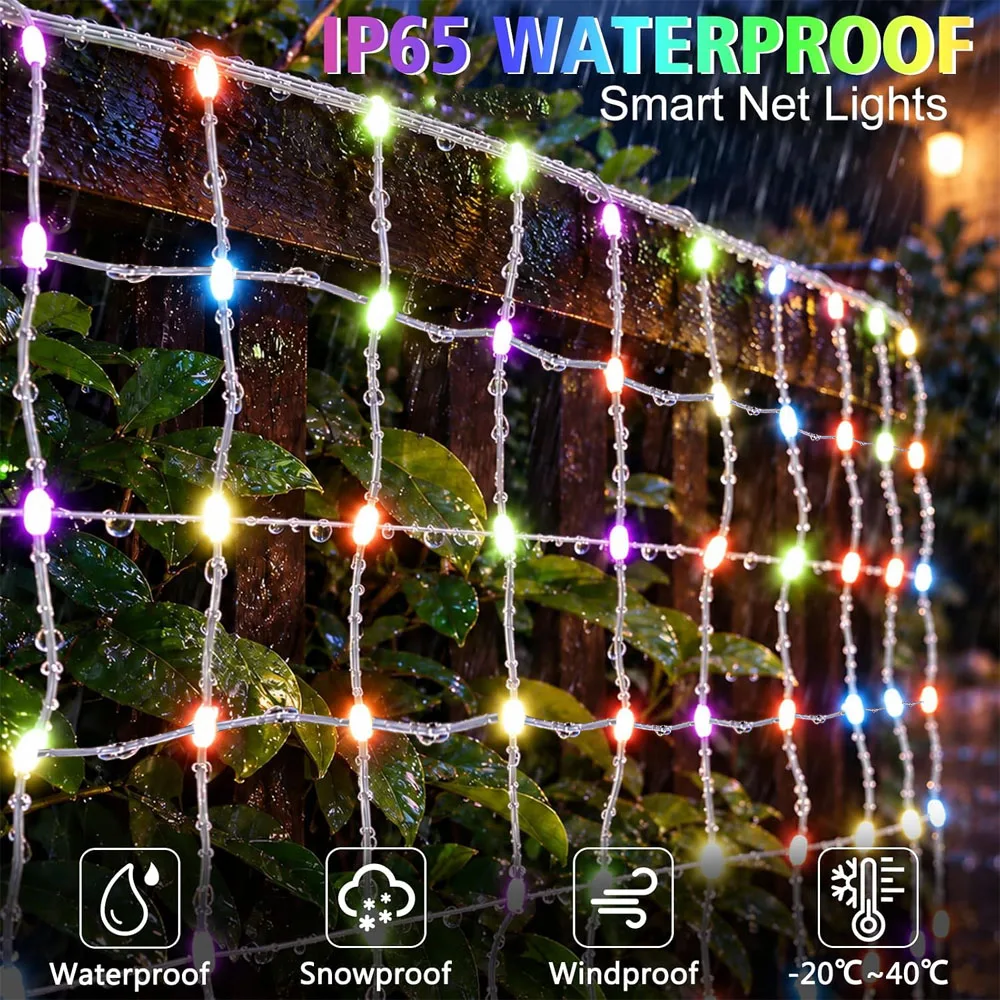 Smart Net Lights,Color Changing Waterproof Bush Net Lights Outdoor Mesh Lights for Christmas Decor,DIY Mode &  APP Control Timer