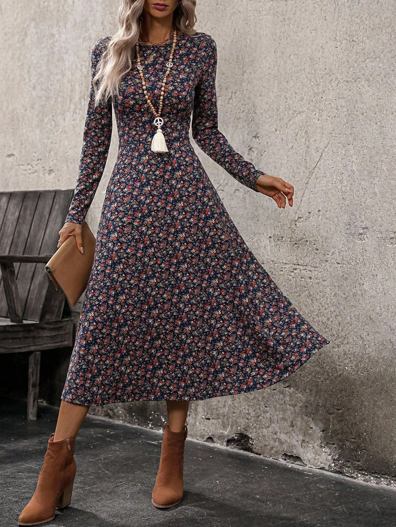 

Women's Ditsy Floral Long Sleeve A-Line Midi Dress with Crew Neck