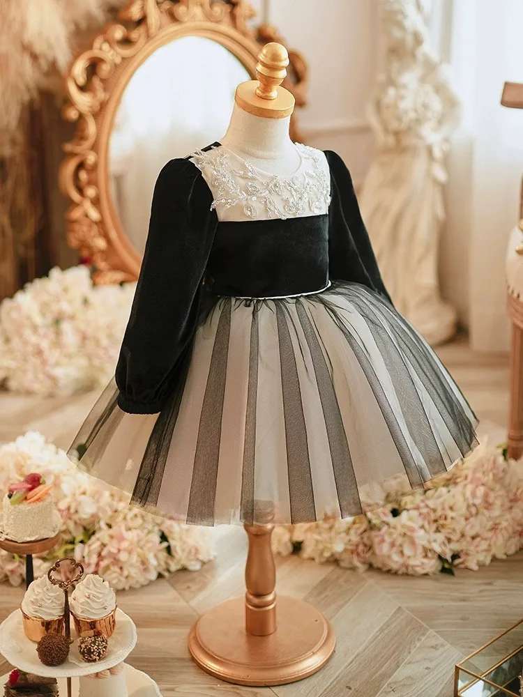 Dresses for Elegant Princess Girls Long Sleeve Girl Child Evening Dress Children Lace Tulle Ball Gown Kids Christening Clothes