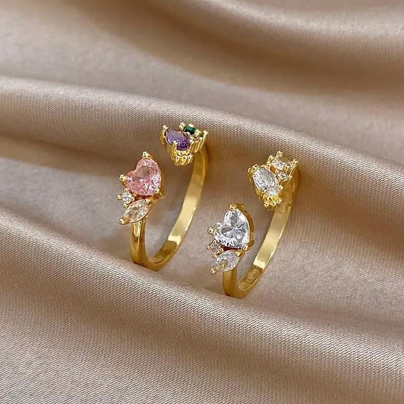 DODOHAO Elegant Inlaid Zircon Copper Open Ring for Women Geometric Heart-shaped Golden Adjustable Finger Ring Charm Jewelry Gift