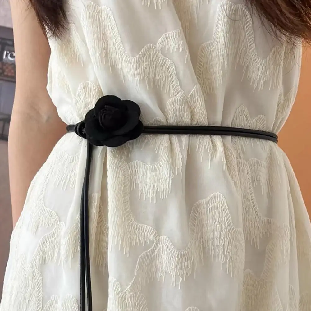 Floral Dress Belt Floral Decor Dress Belt with Adjustable Knot Buckle Camellia Flower Pattern Thin Waistband Accessory for Women