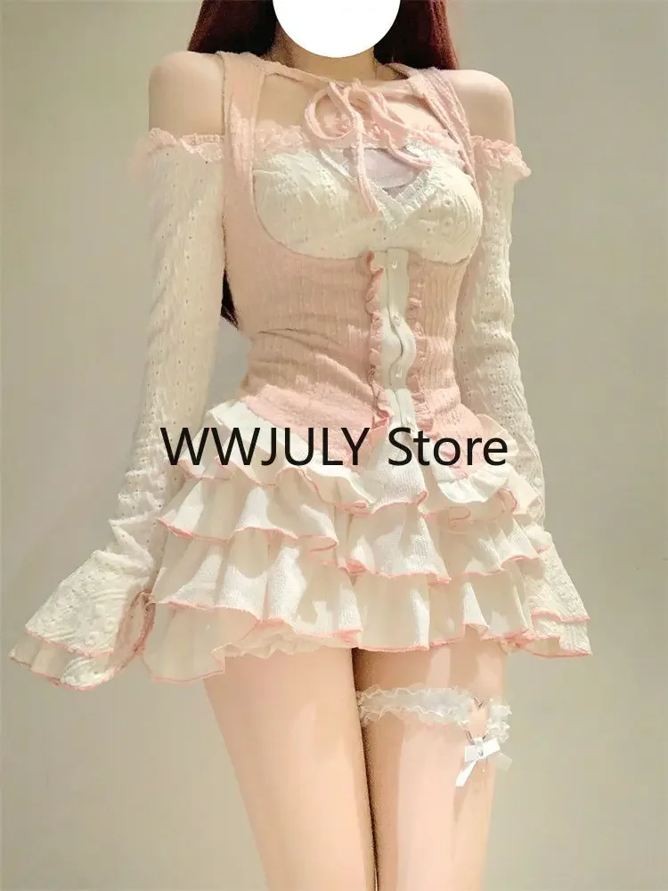 Autumn Kawaii Sweet 3 Piece Set Skirt Girls Casual Crop Tops + Fashion Slim Cake Skirt + Pink Vest Japanese Lace Suit 2023 New