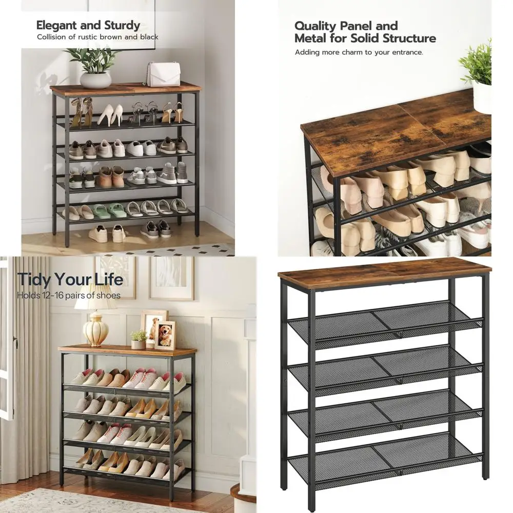 

5-уровневая регулируемая сетчатая полка для обуви, коричневый в деревенском стиле, вместимость 16–20 пар, напольный органайзер для прихожей и шкафа