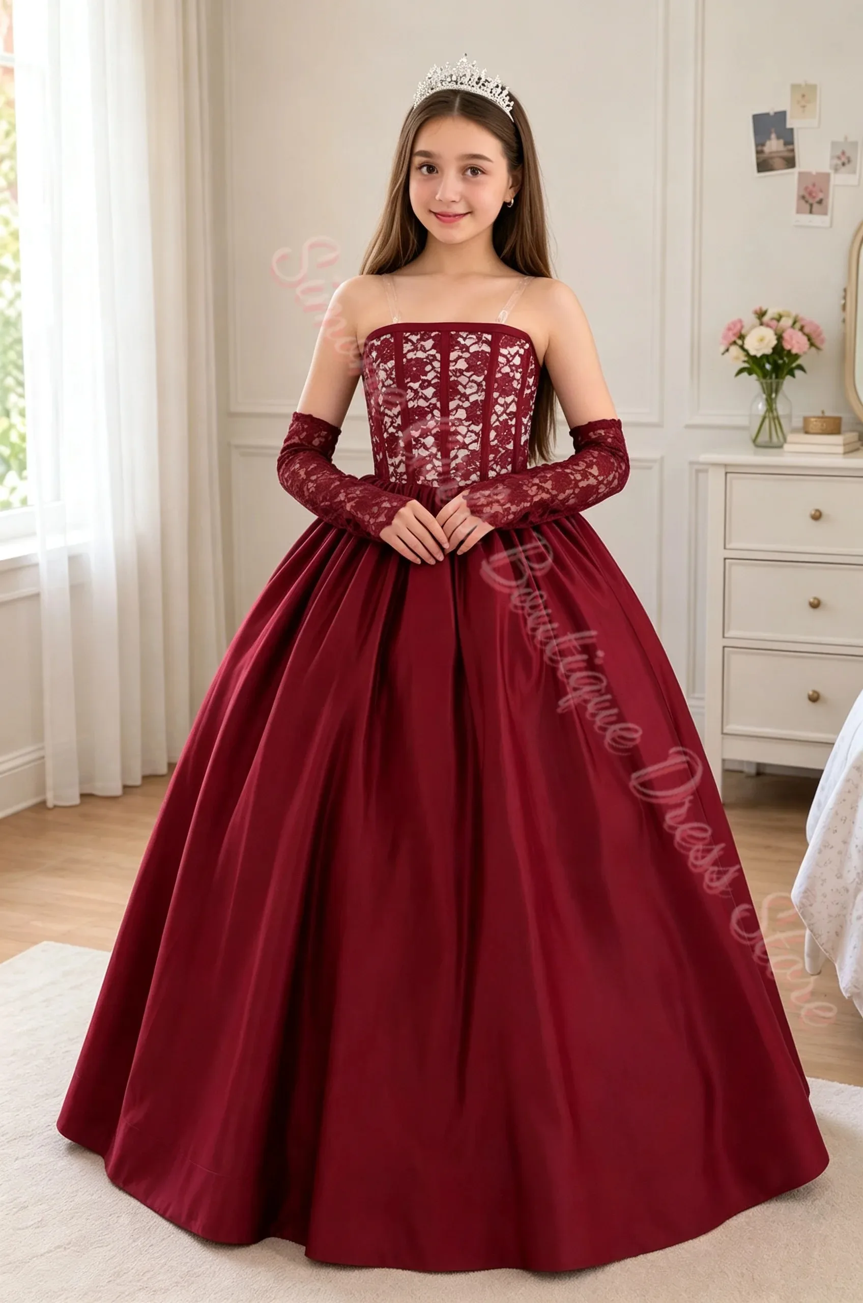 Großhandel Spitzenapplikation Mädchen Festkleid Tüll Langarm Blumenmädchenkleid Tüll Prinzessinnenkleid Langes Ballkleid Mädchen Maßanfertigung – Detail 5