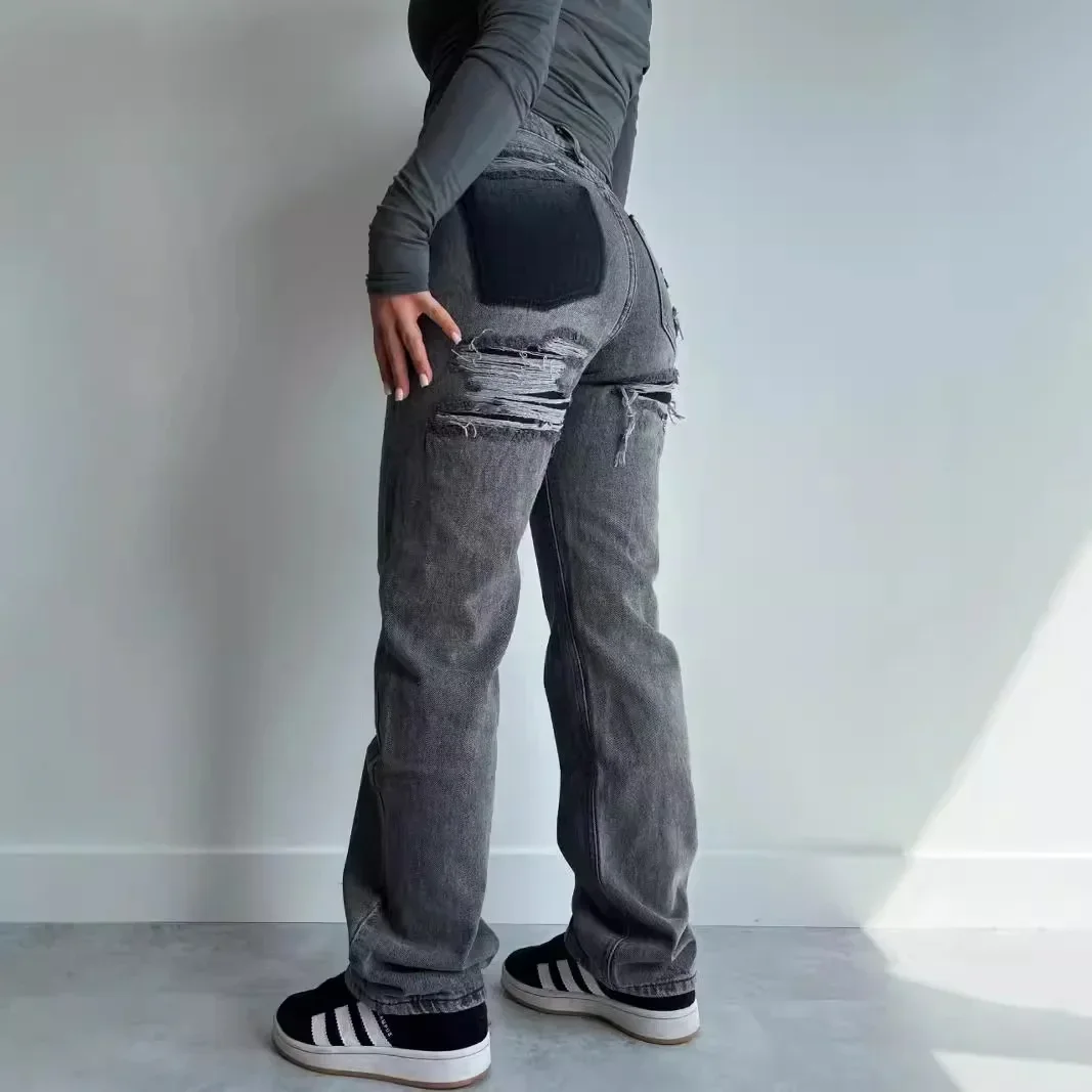 

Ripped Jeans For Women Hole Pants Streetwear Low Waist Washed Distressed Pockets Denims 2026 Female Vintage Straight Trousers