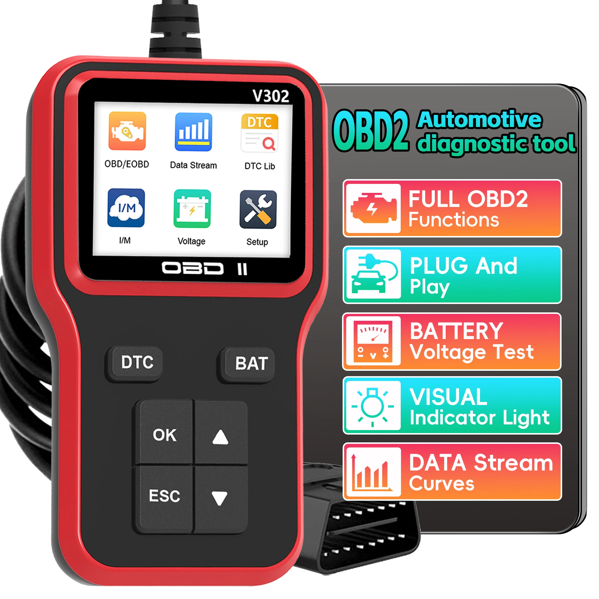 For Cars That Check Engine Light & Emissions Readiness Read OBD2 Scanner with Upgrade Battery Tester - Diagnostic Tool