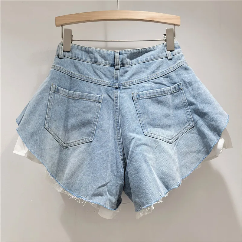 Women's High Waist Raw Edge Layered Denim Skort, Fake Two Piece White Ruffle Underlayer Irregular Hem Light Wash Jean Shorts