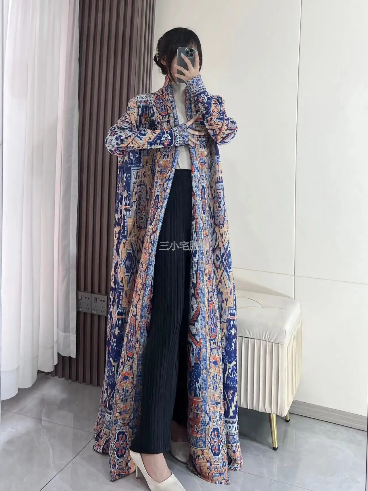 YUDX Miyake Pleated Women's Trench Coat Loose Plus Size Nine Sleeves Middle Eastern Style Embroidered Robe New for Summer 2024