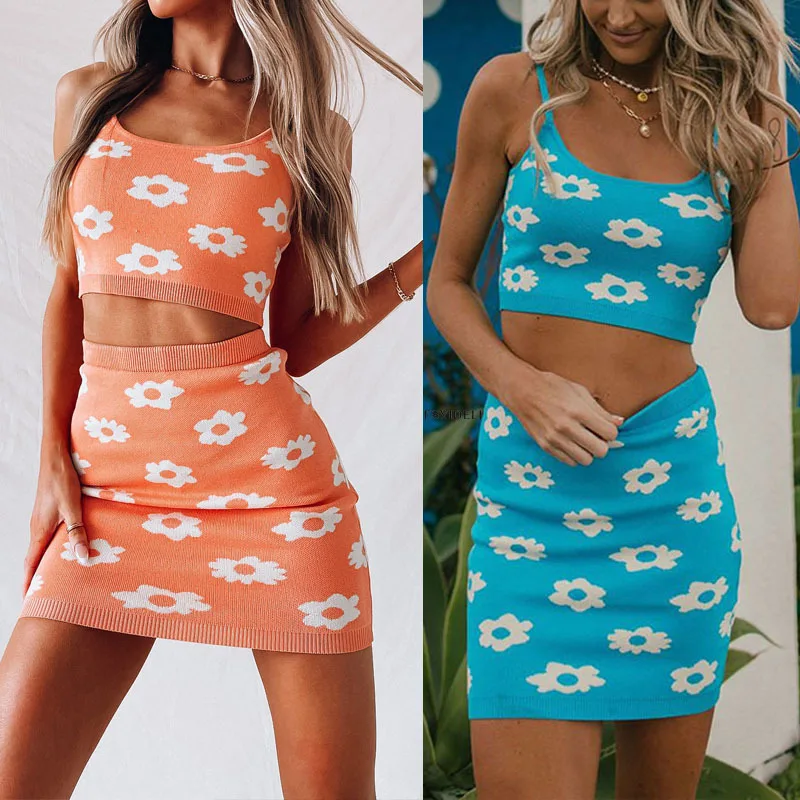 

SKMY Summer 2023 Women Clothing Two Piece Set Fashion Knitted Spaghetti Strap Crop Top And Skirts Flower Print Night Club Outfit