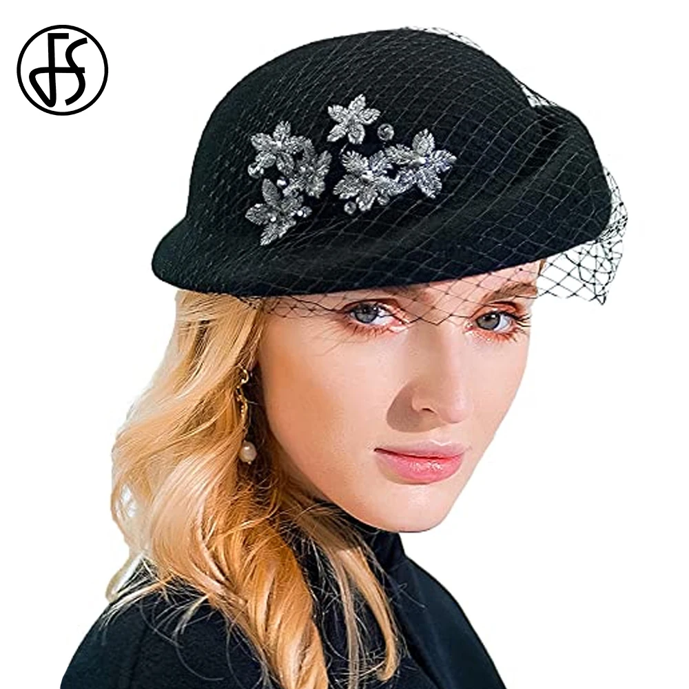 FS 2025 Elegant Little Flower Beret Black Winter Wool Hat For Women Luxury Fascinators Hats With Veil Fashionable Tea Party Cap