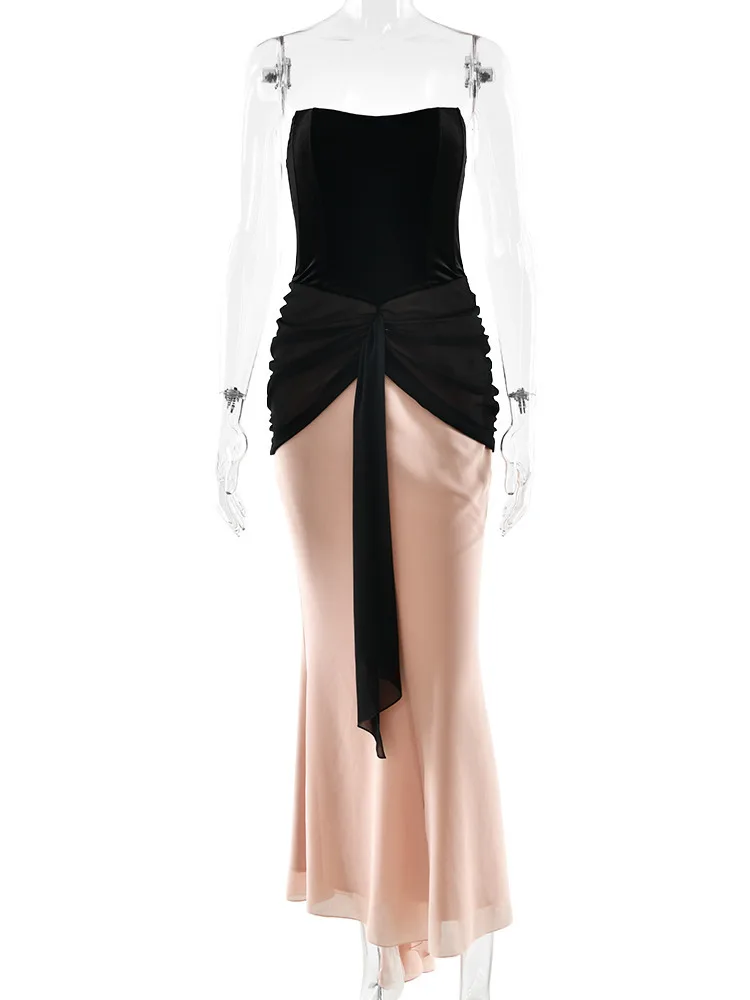 Blifanbo Strapless Sexy Ribbon Maxi Dress Women Gown Ruched Contrast Color Patchwork Bodycon Sleeveless Club Party Dress Elegant