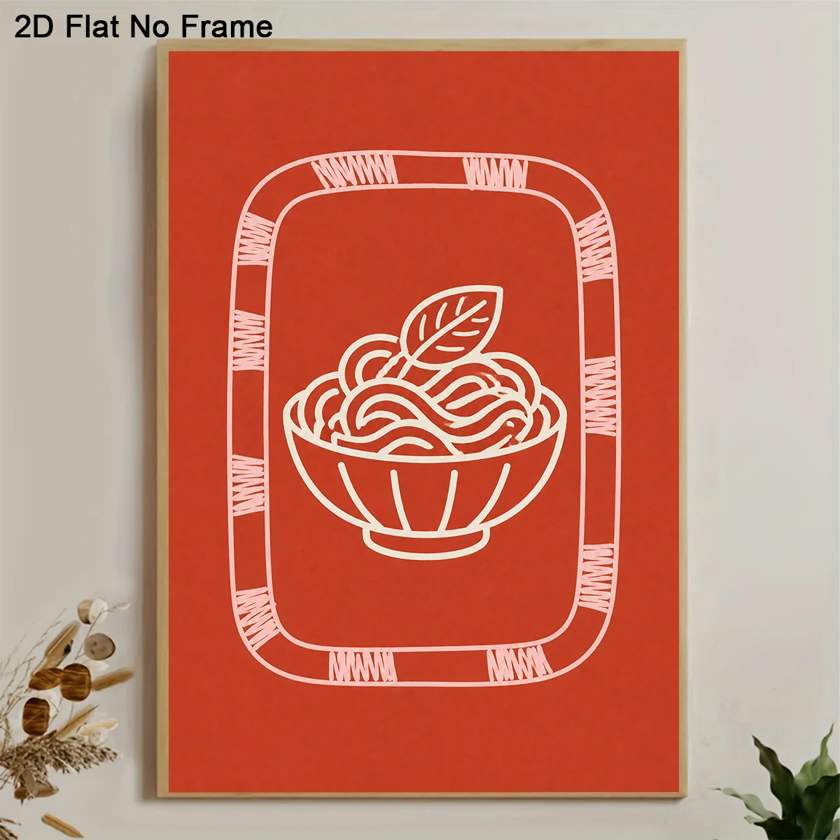 2027,2D Flat, Frameless Canvas Poster, Minimalist Bowl of Noodles with Leaf Line Art on Warm Red Background, Wall Art Canvas