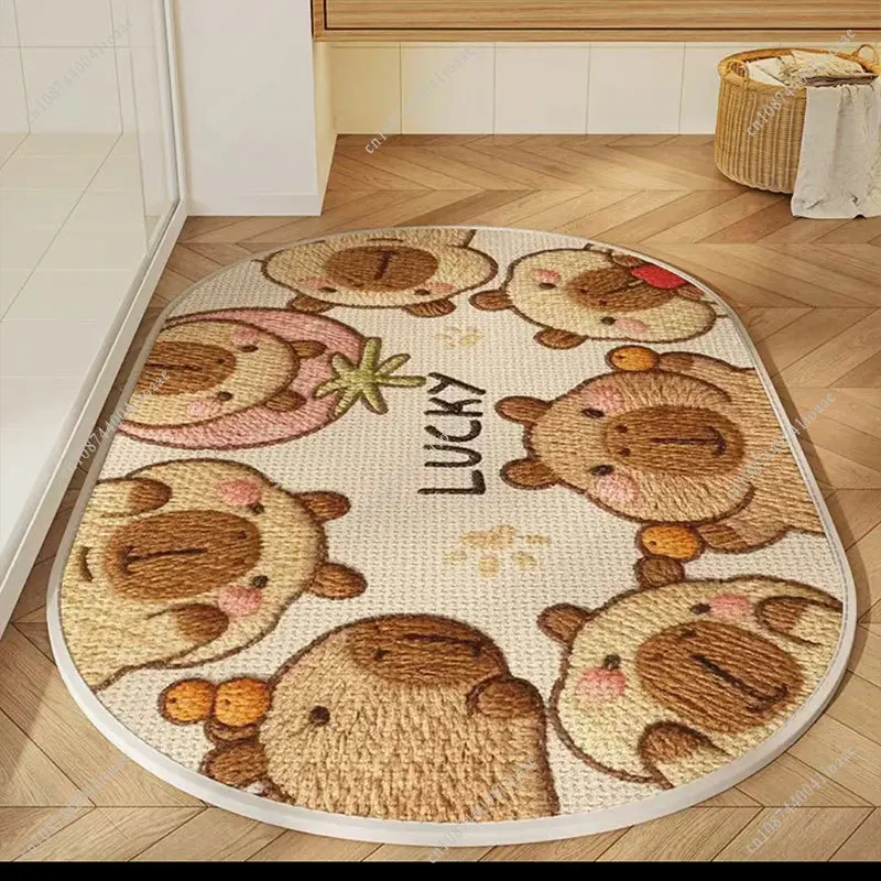 Cartoon Animal Linen Bathroom Mat 40x60cm Absorbent Non Slip Bath Rug Cute Oval Toilet Shower Sink Floor Carpet