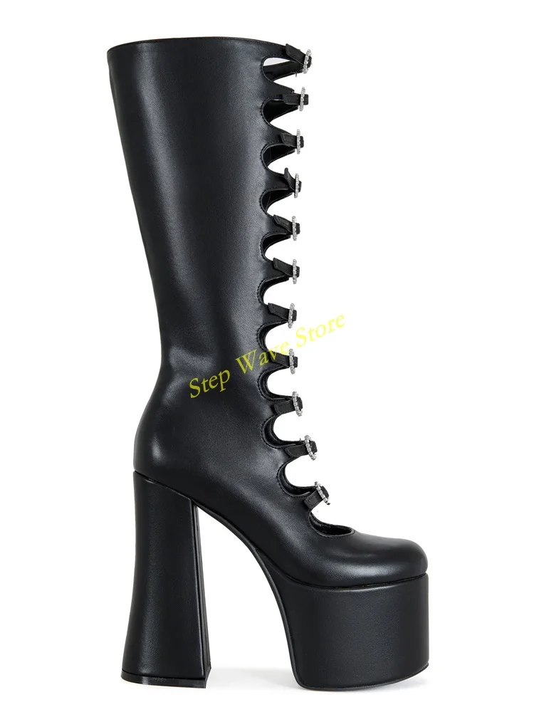 Black Platform Boots Knee-high Gladiator Boot With Closed Toe Stacked Buckles Block Heel Matte Leather Knee High Dress Shoes