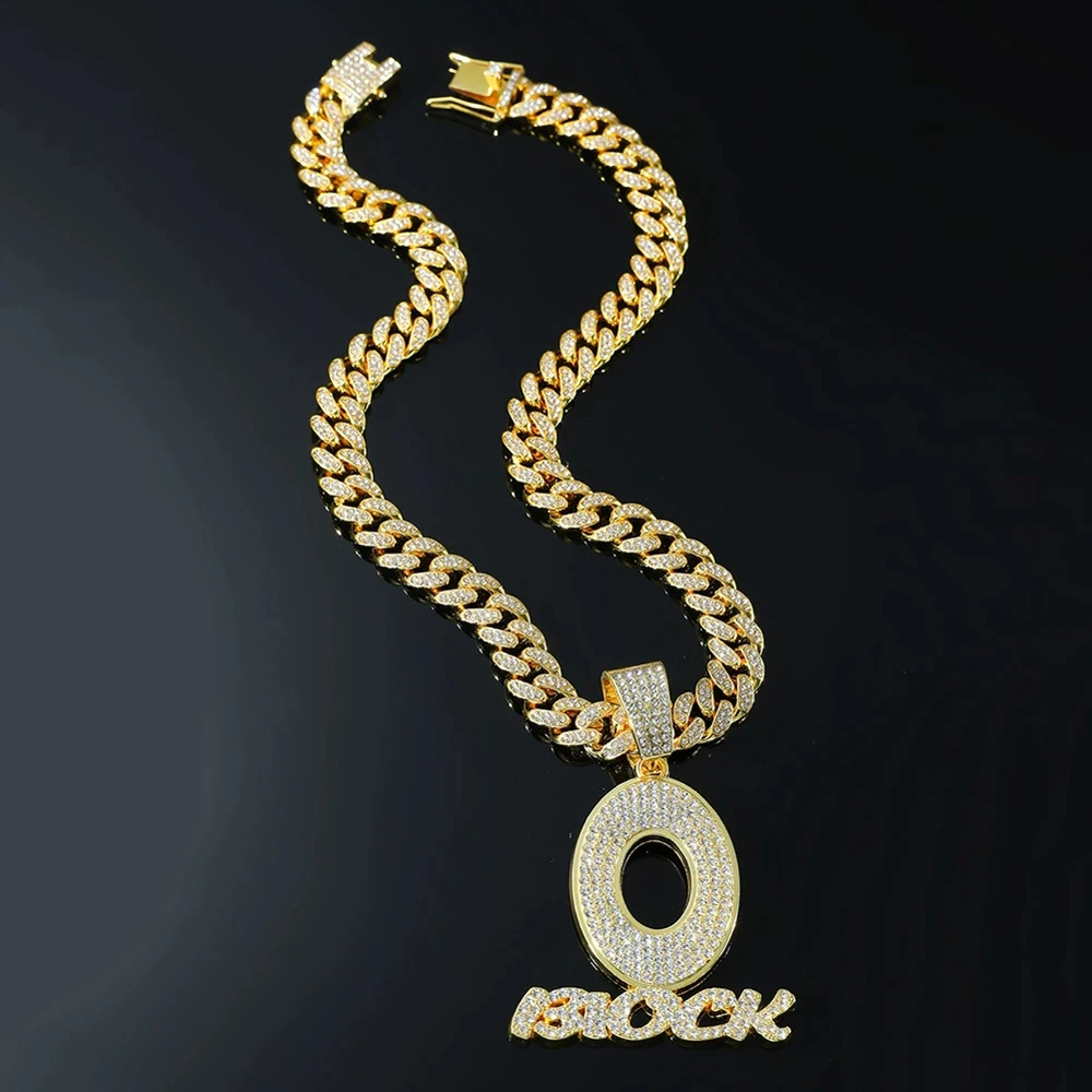 Trendy Hip Hop Letter Charm Letter O Block Pendant Necklace For Women Men Bling  Iced Out Cuban Chain Necklaces Charm Jewelry