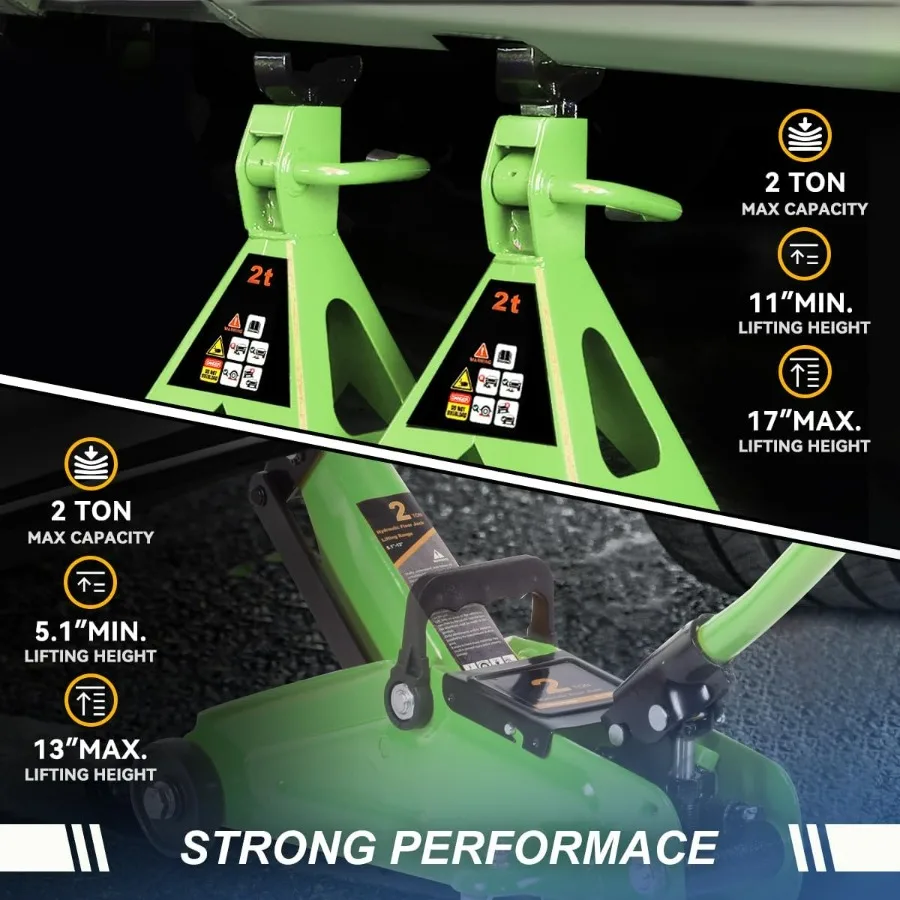 مجموعة عربة هيدروليكية منخفضة المستوى/مقبس أرضي مع حاملين رافيت بسقاطة، سعة 2 طن (4000 رطل)، أخضر، PM-TOL-FJ3P- #2