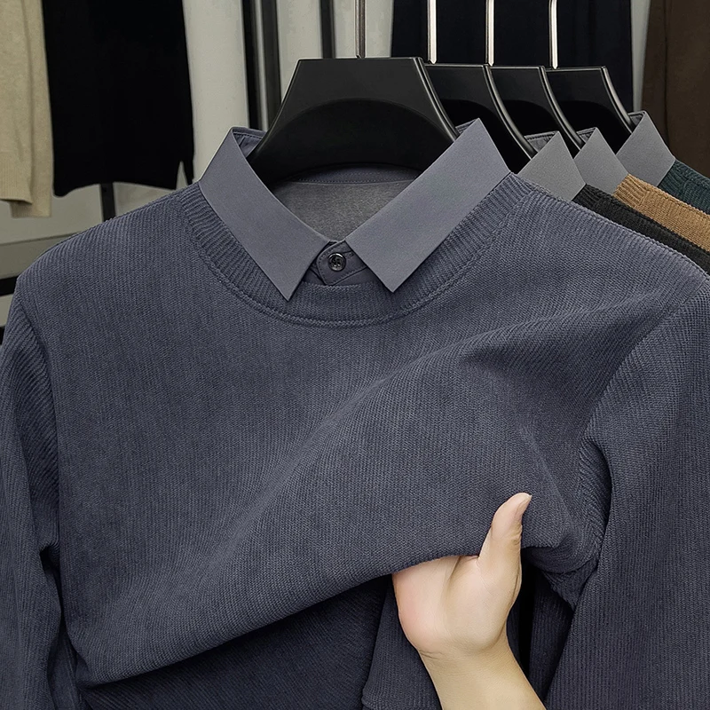 เสื้อสเวตเตอร์ถักคอปกผู้ชายแบบใหม่สำหรับฤดูใบไม้ร่วงและฤดูหนาวปี 2025 ชุดสองชิ้นสไตล์ลำลองสำหรับวันหยุด