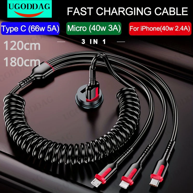 

USB Charge Cable 5A 66W Fast Charging USB Type C Cable 3A Micro USB Spring Car Cable For Honor OPPO VIVO Realme 2.4A USB Cable