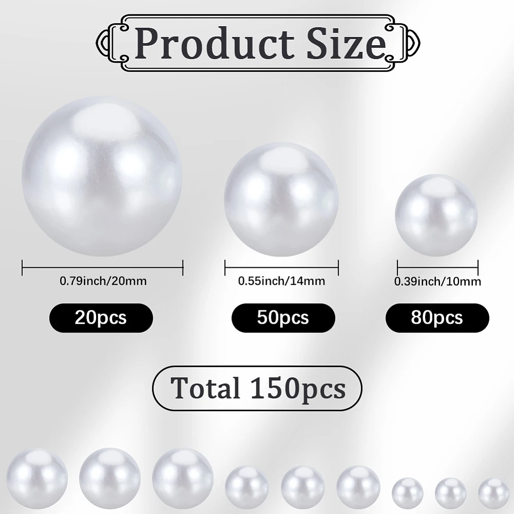 150Pcs Pearl Beads No Hole Pearls for Vases 10mm 14mm 20mm Round Plastic Round White Makeup Beads for Brush Holder Vase Filler