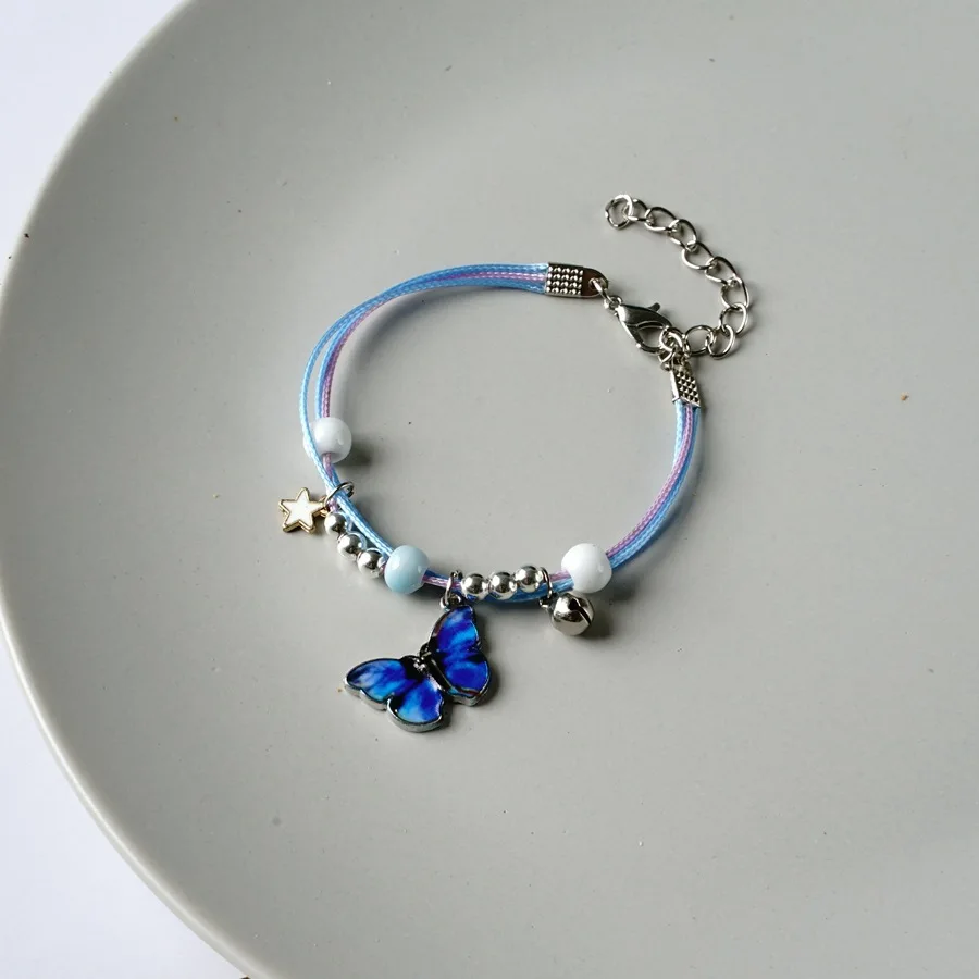 Trendy Couple Blue Butterfly Bracelet for Women Niche Chic Braided Bell Pendant Adjustable Bracelet Simple Couple Jewelry Gifts