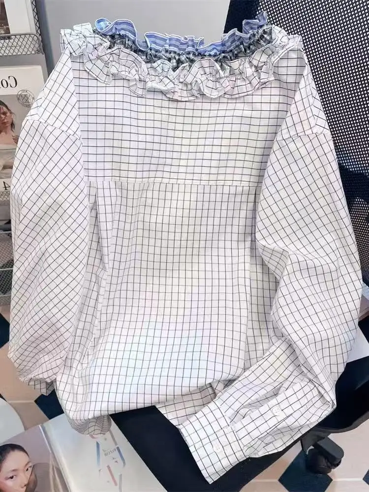 Korean fungus edge plaid v-neck long-sleeved shirt women's spring and autumn new niche design sense loose super good-looking top