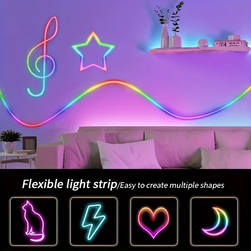 RGB neon light strip, USB powered, cuttable and flexible light strip, remote control, with music function, creates atmosphere