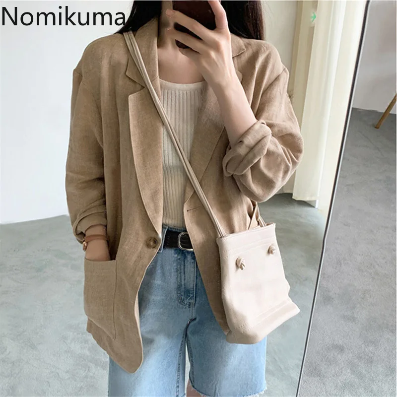 Nomikuma-Blazer en coton et lin pour femme, veste à manches longues, bouton unique, document solide, décontracté, tout match, nouveauté, 2022