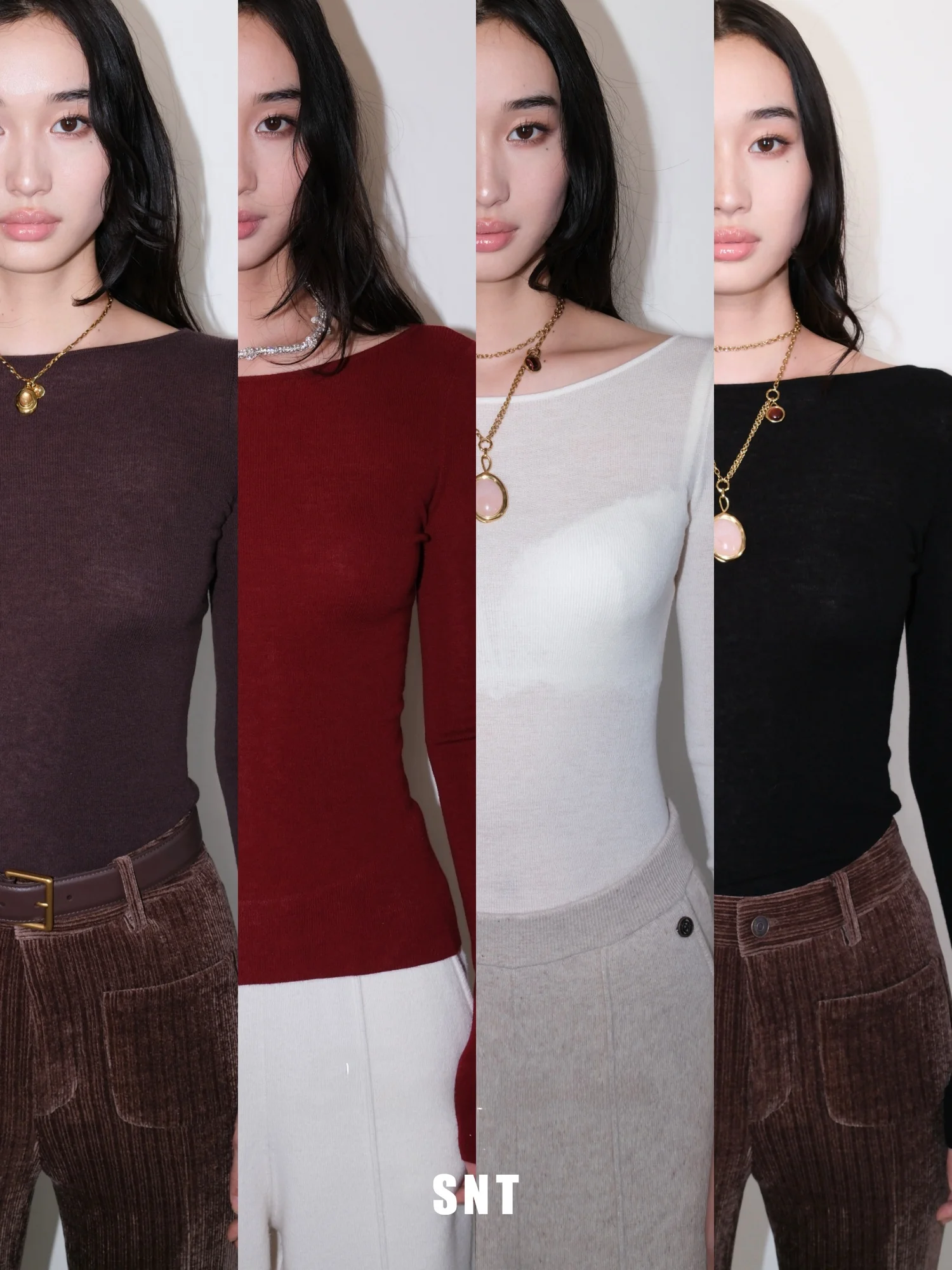 

Женский шерстяной топ SNT из 60-ниточного фибронабивного мериносового трикотажа, микро-прозрачный, четырехцветный, облегающий крой