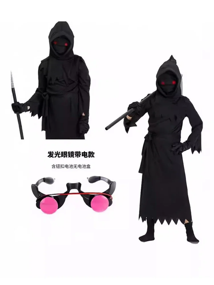 할로윈 의상 공포 롤플레잉 레드 아이 그림 리퍼 코스튬 낫 악마 다크사이드 유령 코스프레 슈트 후드 파티 드레스 장갑