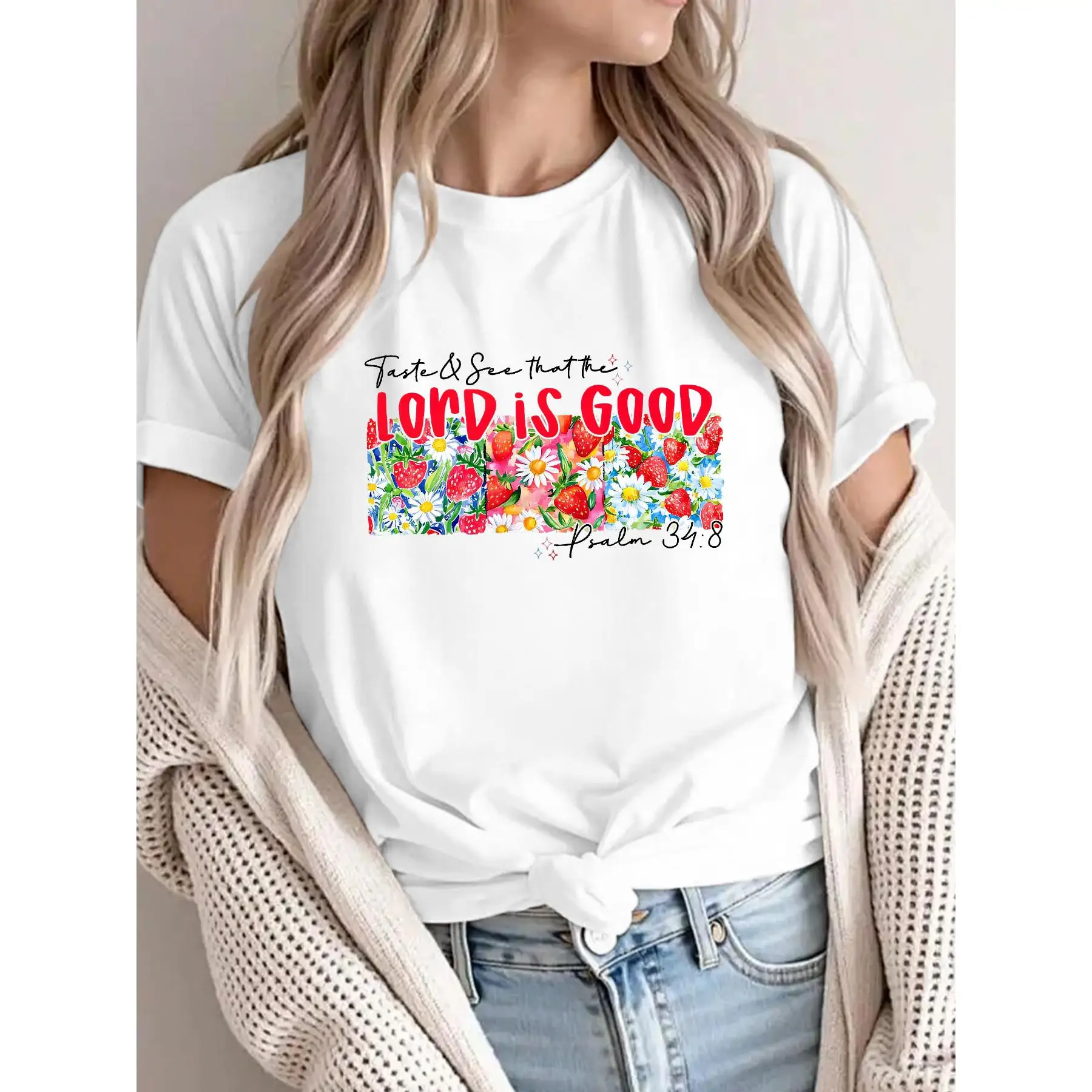 

Charming Tee with a Positive Slogan and a Delicate, Floral - Strawberry Graphic
