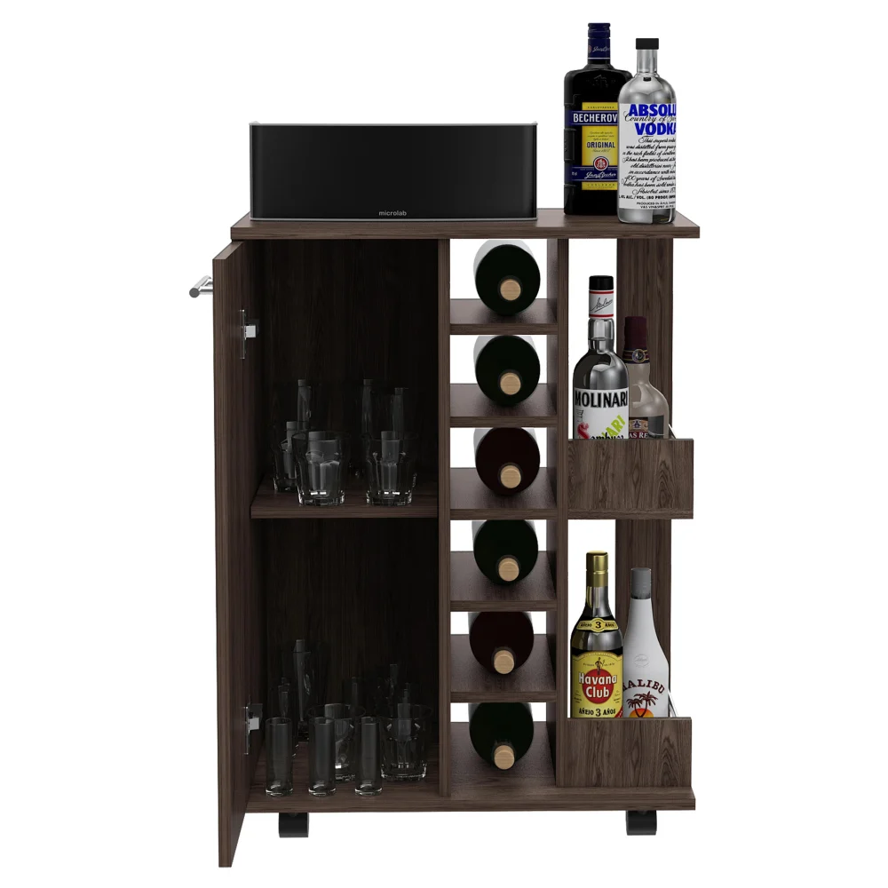 Bar Cart Four Casters Single Door Cabinet Two External Shelves Dark Walnut