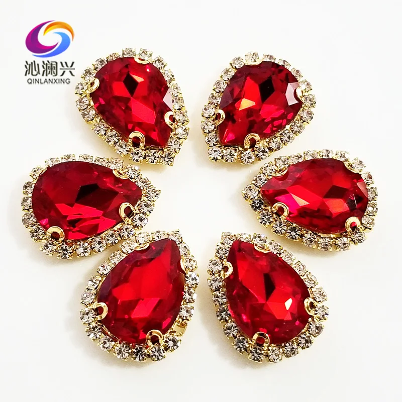 Red color Golden bottom Top grade Glass Crystal buckle,Drop shape sew on rhinestones,Diy wedding decoration 10pcs/pack