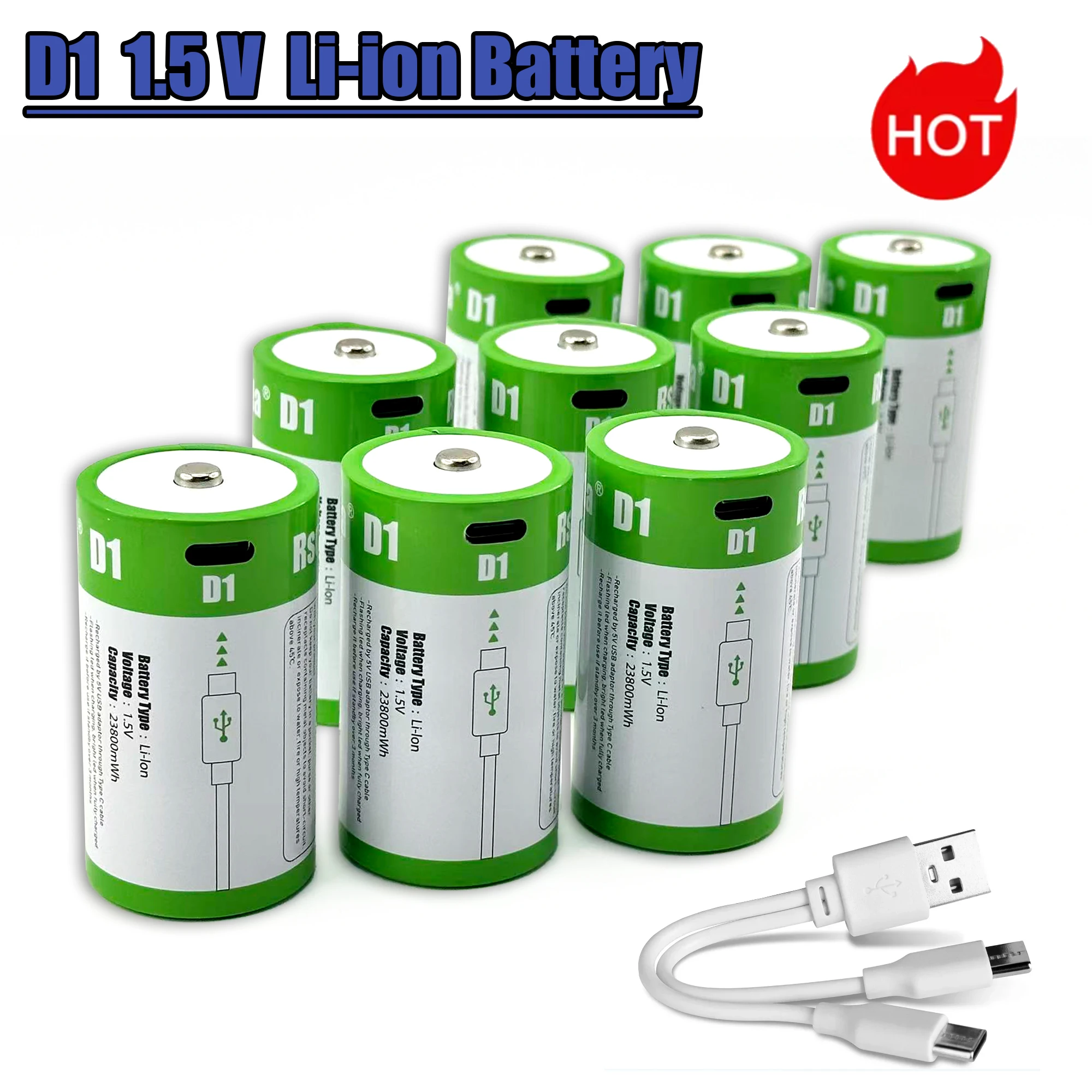 1.5V D Size Lithium-ion Battery 23800mWh USB Rechargeable for Flashlights Water Heaters Toys Includes Free Charging Cable
