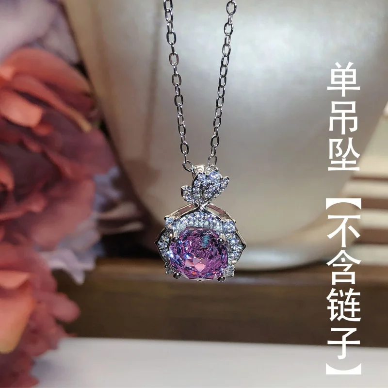 Rose Cut Purple Spodumene Octagonal Zircon Flower Necklace Pendant Light Luxury Open Ring Earrings