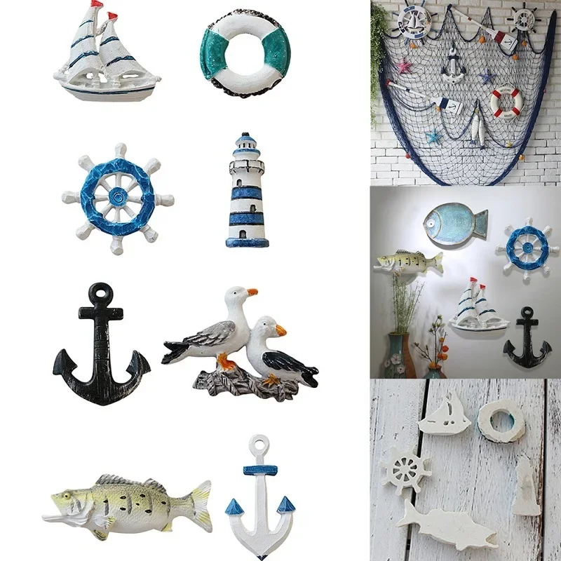 Mediterranean Style Resin Starfish Sailboat Lighthouse Helmsman Anchor Sea Bird Swim Ring Wall Stickers Decoration