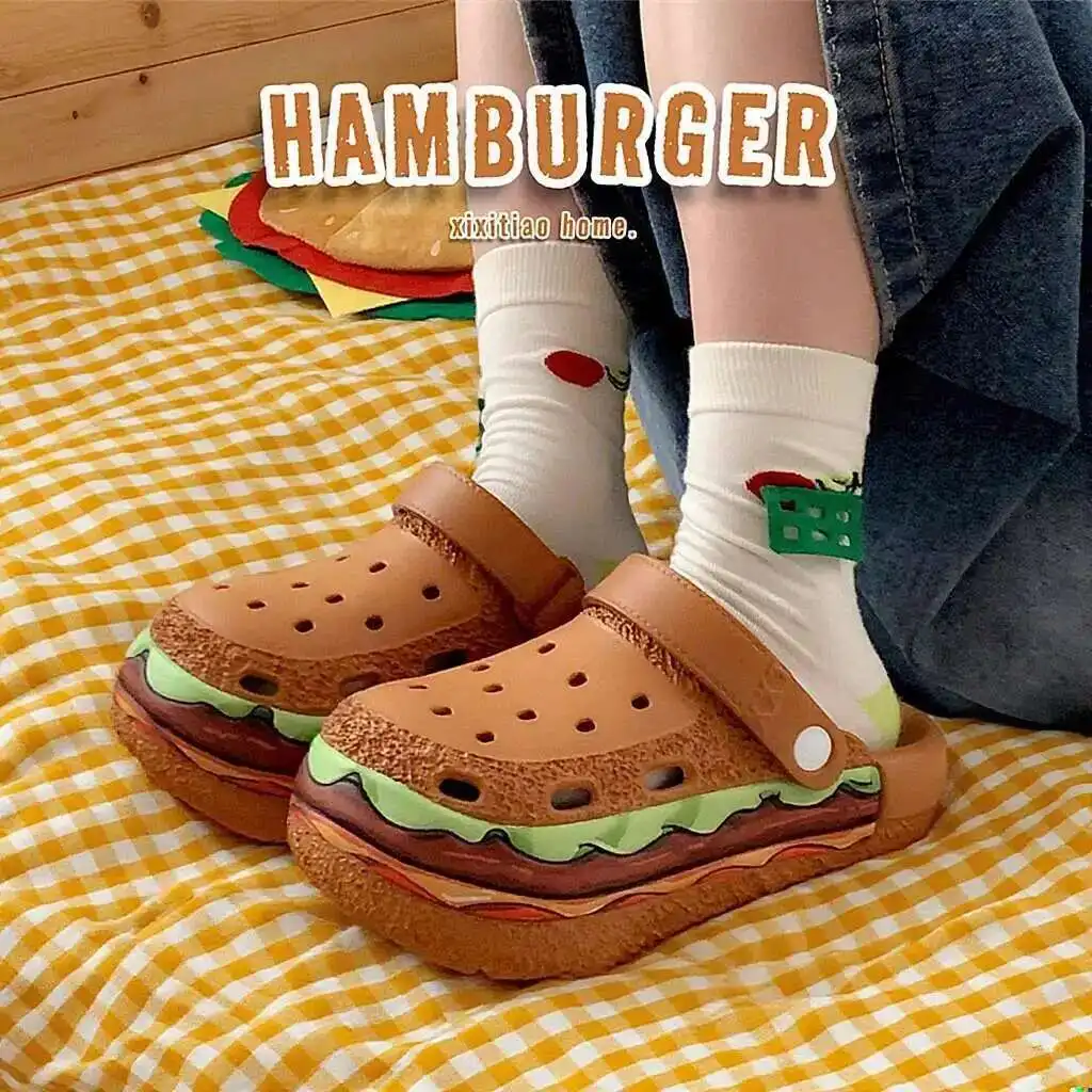 

Funny Eva Hamburger Slippers Man Women Garden Shoes Lightweight Casual Wading Beach Couple Hole Sandals Hollow-out Slip-on