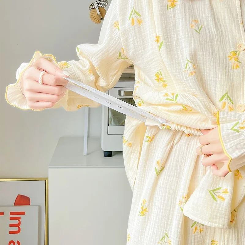 2023 New Cotton Gauze Pregnant Women\'s Flounce Pajamas Spring Autumn Postpartum Homewear Puerpera Thin Nursing Clothes Sleepwear