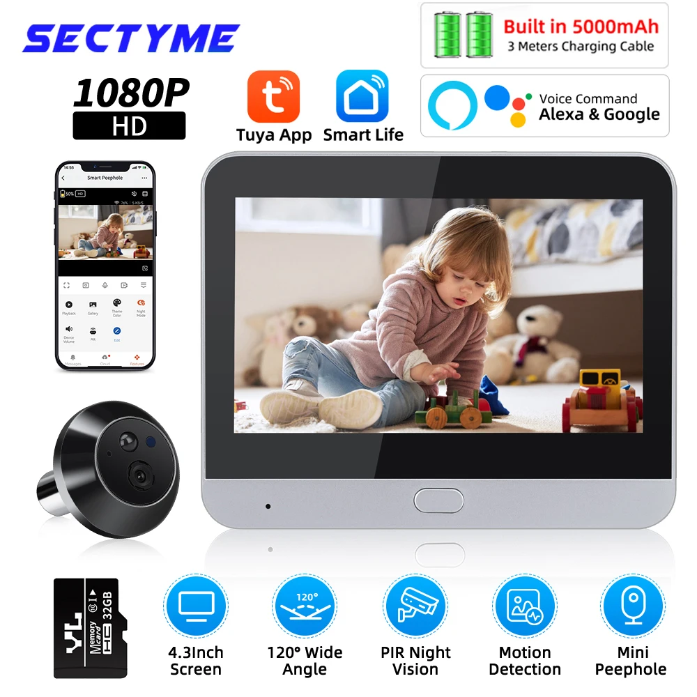 Sectyme 블랙 미니 구멍 초인종, 투야 스마트 1080P 나이트 비전 PIR 모션 감지 초인종, 홈 보안 카메라, 4.3 인치