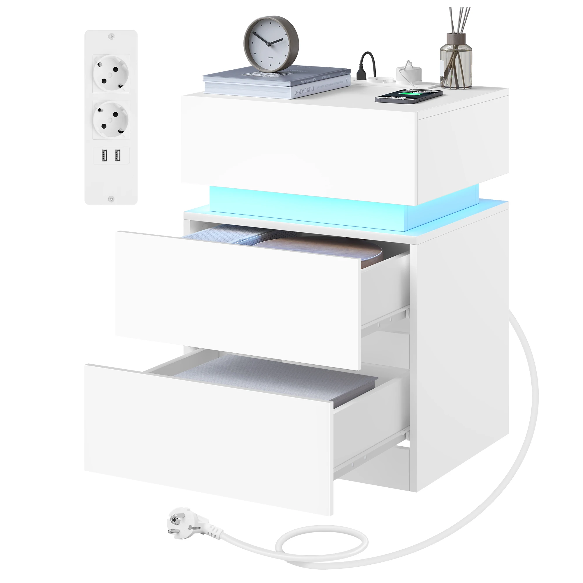 WOLTU Nachttisch, weiß/schwarz, Nachttisch mit LED-Beleuchtung, 2 Schubladen, USB-Ladefunktion, schmaler Sofatisch