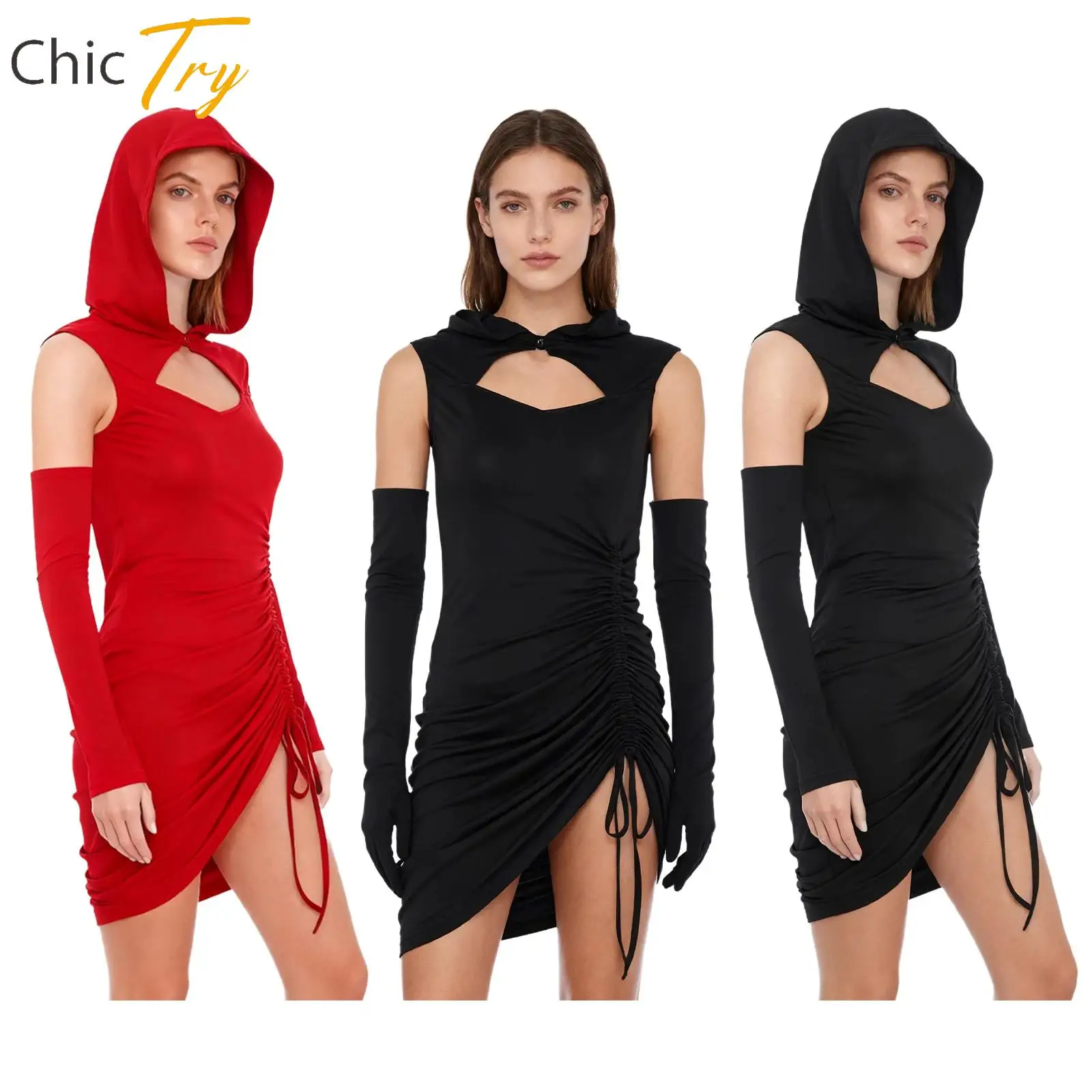 

Women Goth Dark Streetwear Gothic Hoodie Vintage Medieval Steampunk Costume Cyber Y2K Sleeveless Dress with Oversleeves Clubwear