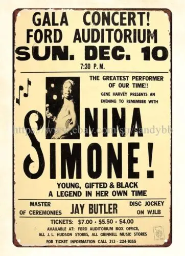 1972 Nina Simone Detroit Concert Poster metal tin sign outdoor tin wall art
