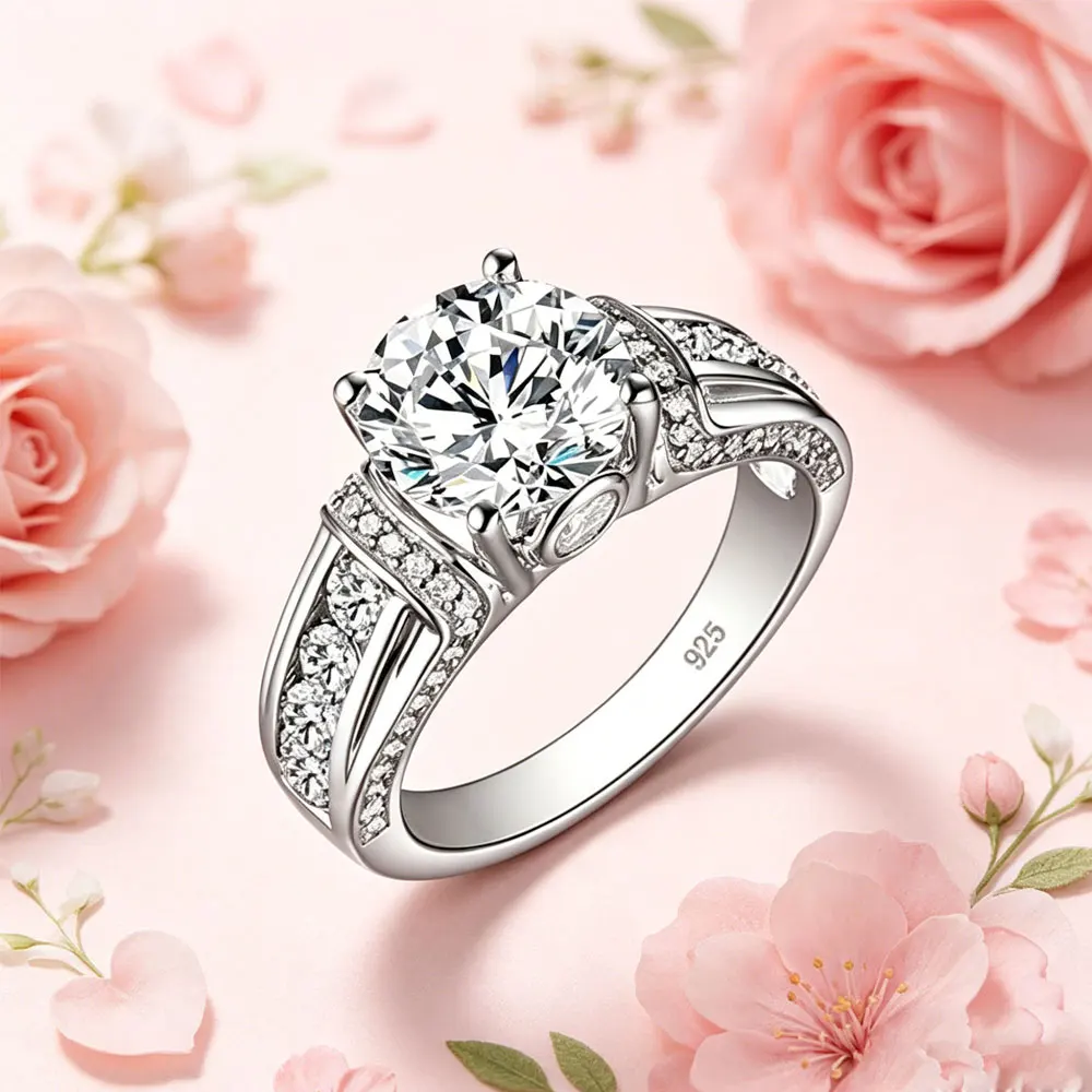 

925 Silver 3ct Round Cut Moissanite Ring, Bridal Wedding Band for Women Mother's Day gift