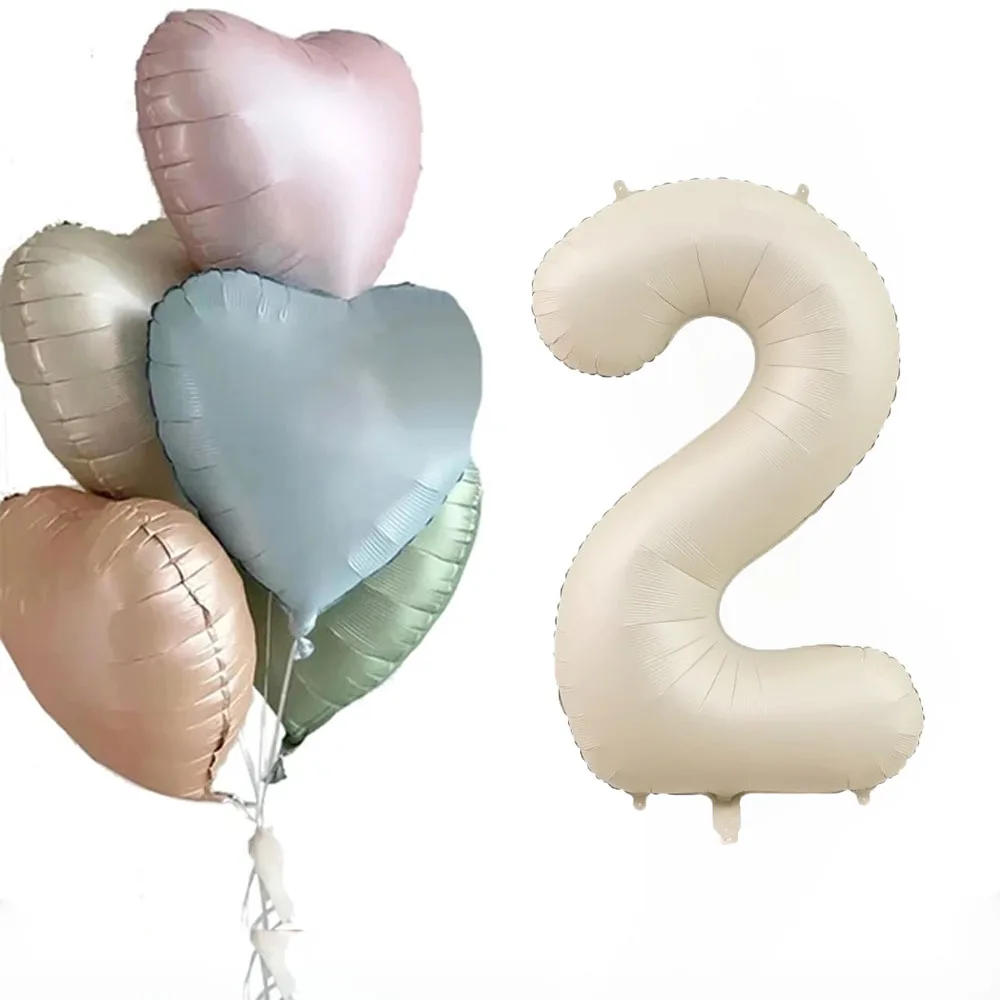 6pcs Retro Caramel Heart Balloons with 32inch Number Foil Balloon For Kids 1st Birthday Party DIY Decoration Supplies Wedding