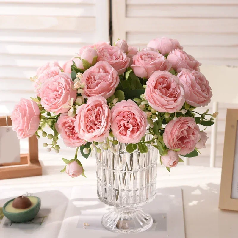 32cm Artificial Rose Flowers 5 Big Heads 4 Small Buds Party Spring Bridal Wedding Home Decoration Mariage Pink Fake Flower