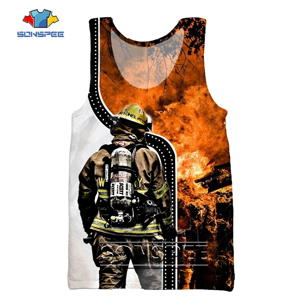 

SONSPEE Latest Firefighter Job Pattern 3D Print Sleeveless Vest Men Women's Fireman Hero Graphic Plus Size Personality Tank Top