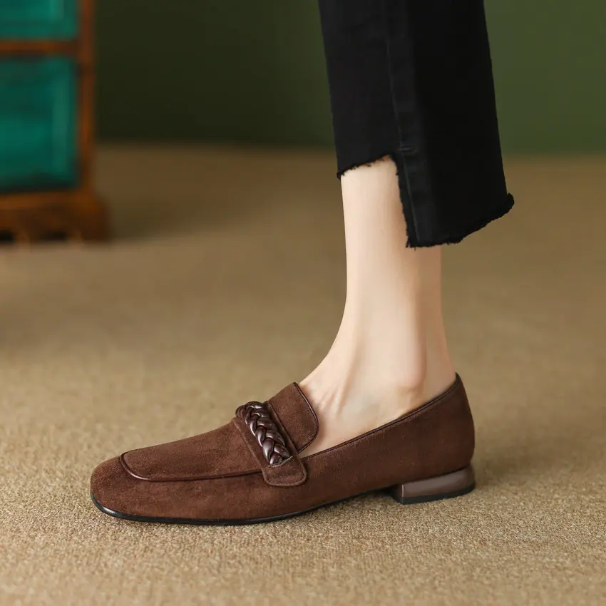 Qutaa 2023 Lage Hakken Vrouwen Pompen Retro Kid Suede Office Dames Casual Lage Hakken Echt Lederen Schoenen Vrouw Zomer Maat 34-39